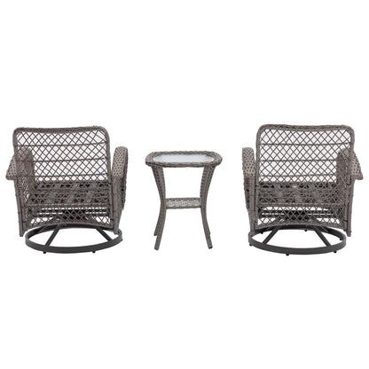 3 Pieces Outdoor Swivel Rocker Patio Chairs, 360 Degree Rocking Patio Conversation Set with Thickened Cushions and Glass Coffee Table for Backyard, Grey