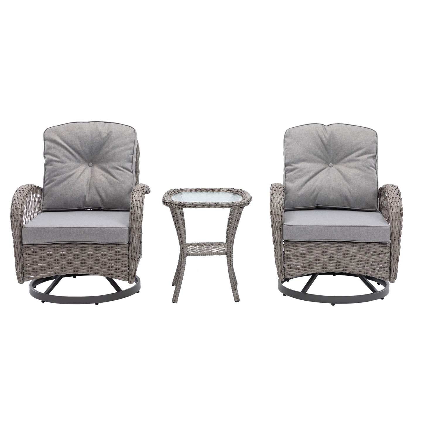3 Pieces Outdoor Swivel Rocker Patio Chairs, 360 Degree Rocking Patio Conversation Set with Thickened Cushions and Glass Coffee Table for Backyard, Grey