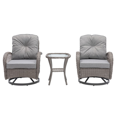 3 Pieces Outdoor Swivel Rocker Patio Chairs, 360 Degree Rocking Patio Conversation Set with Thickened Cushions and Glass Coffee Table for Backyard, Grey