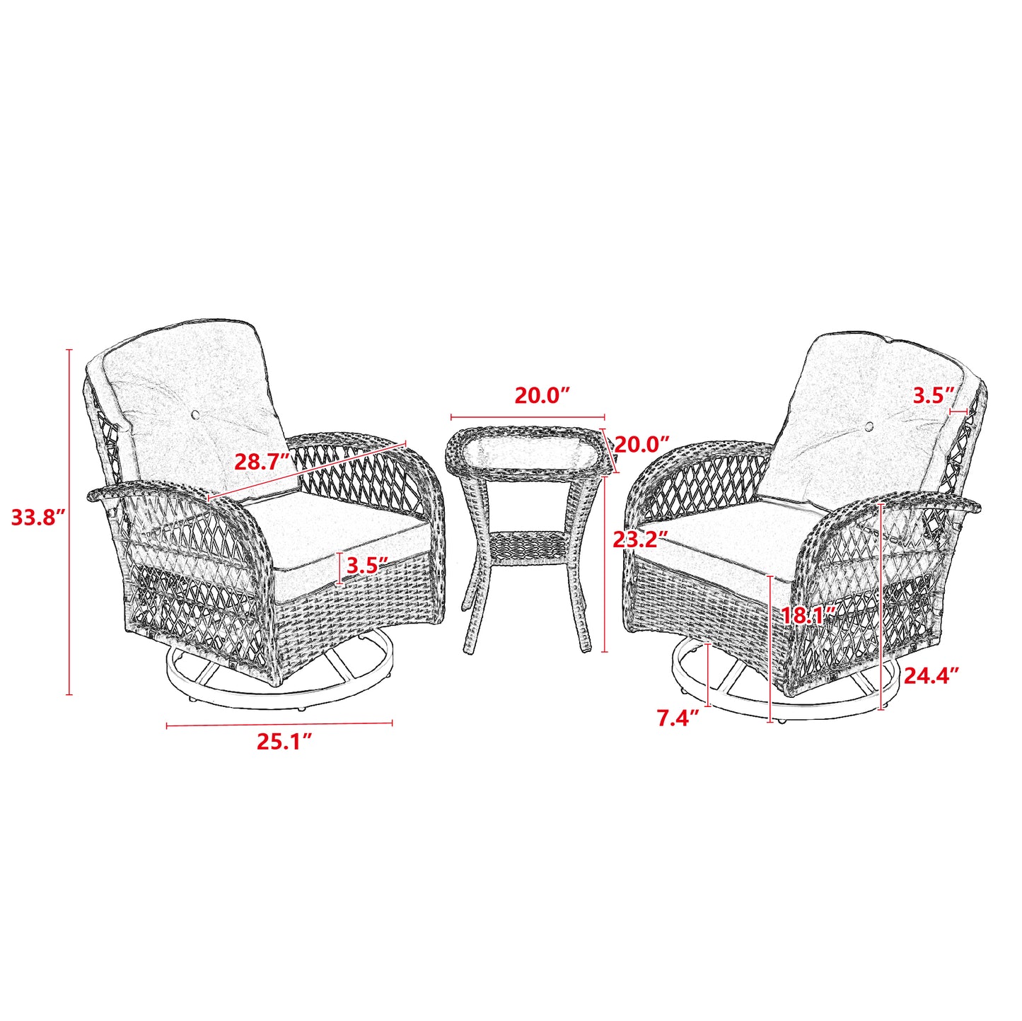 3 Pieces Outdoor Swivel Rocker Patio Chairs, 360 Degree Rocking Patio Conversation Set with Thickened Cushions and Glass Coffee Table for Backyard, Blue