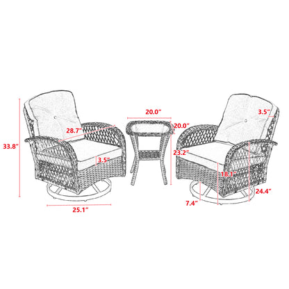 3 Pieces Outdoor Swivel Rocker Patio Chairs, 360 Degree Rocking Patio Conversation Set with Thickened Cushions and Glass Coffee Table for Backyard, Blue