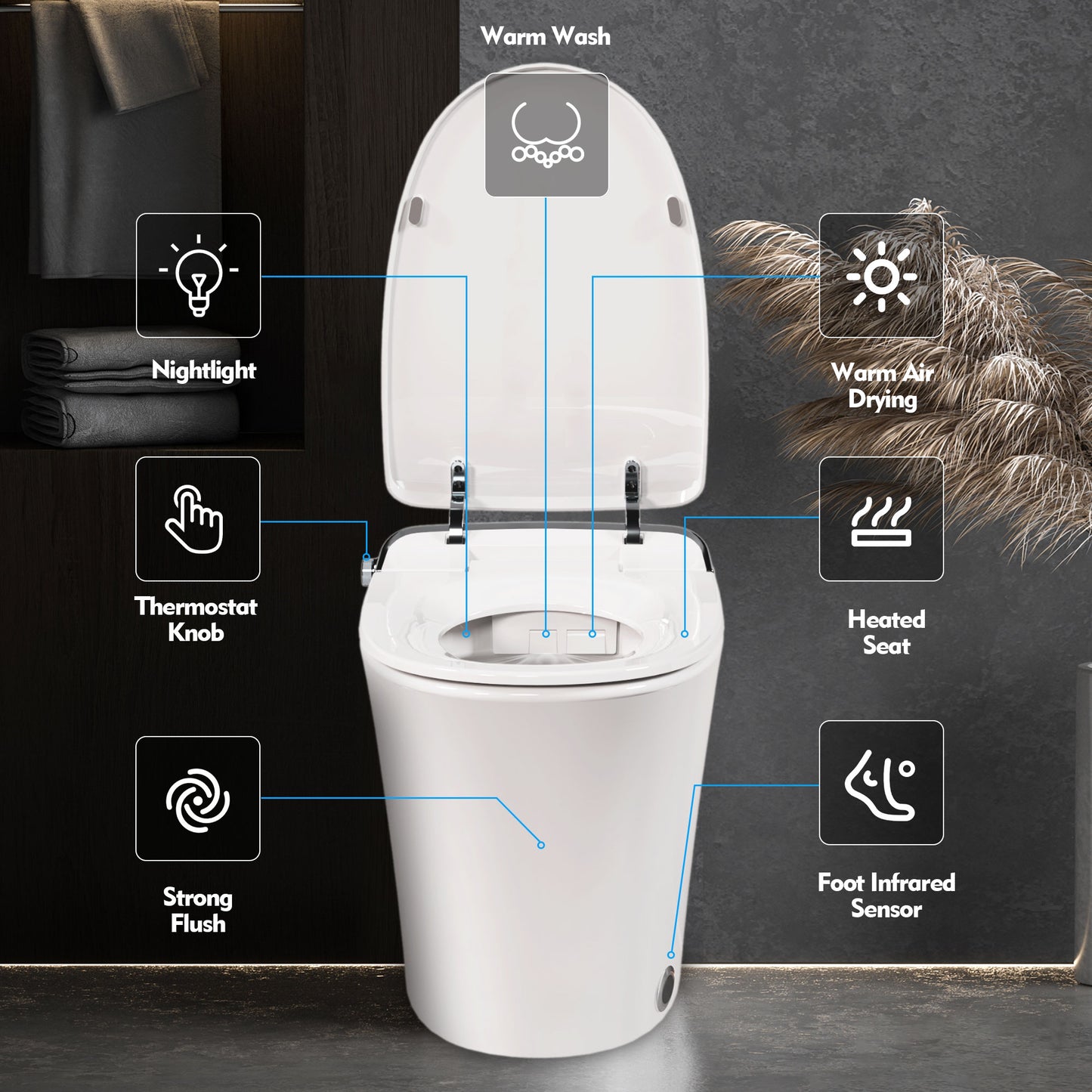 Luxury Smart Toilet with Dryer and warm water, Elongated Bidet Toilet with Heated Seat, with Remote Control, LED Night Light, Power Outage Flushing, Soft Close Cover,Whit