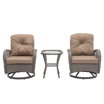 3 Pieces Outdoor Swivel Rocker Patio Chairs, 360 Degree Rocking Patio Conversation Set with Thickened Cushions and Glass Coffee Table for Backyard, Khaki