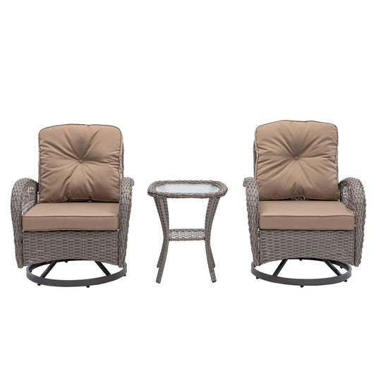 3 Pieces Outdoor Swivel Rocker Patio Chairs, 360 Degree Rocking Patio Conversation Set with Thickened Cushions and Glass Coffee Table for Backyard, Khaki