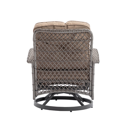 3 Pieces Outdoor Swivel Rocker Patio Chairs, 360 Degree Rocking Patio Conversation Set with Thickened Cushions and Glass Coffee Table for Backyard, Khaki