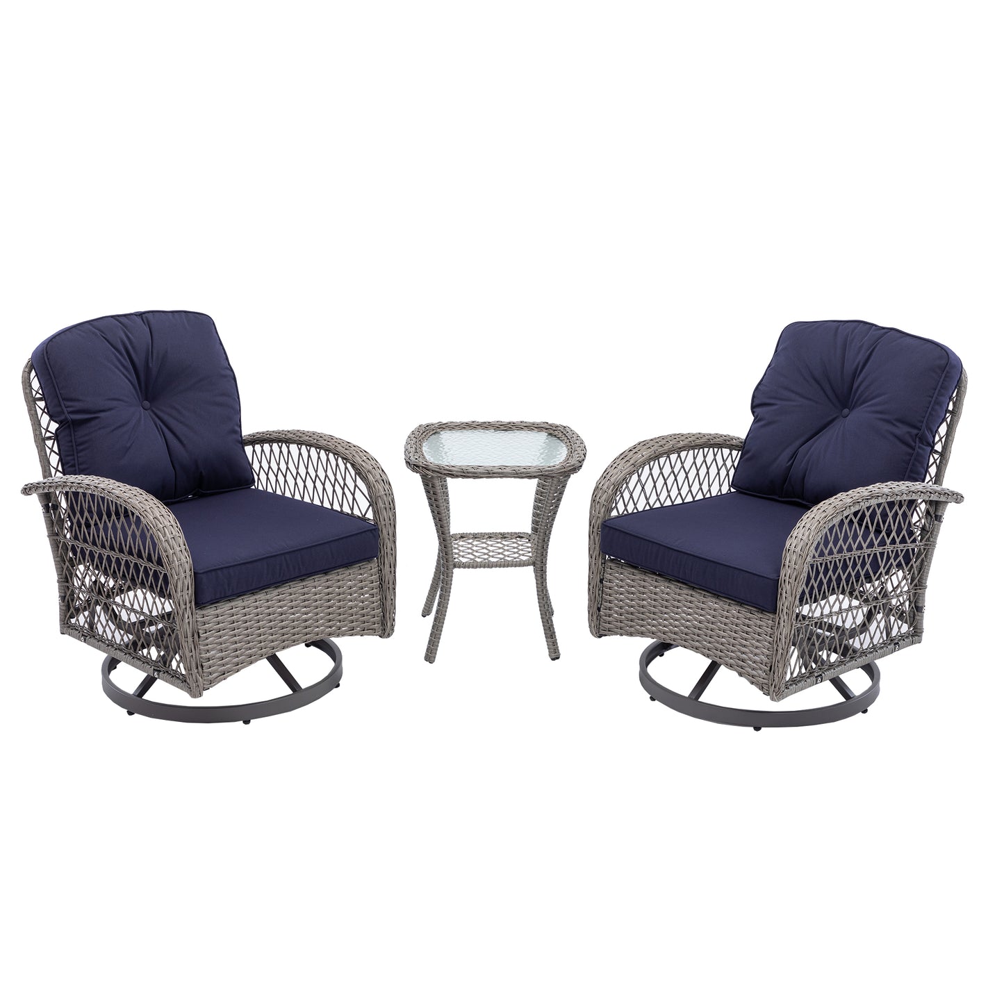3 Pieces Outdoor Swivel Rocker Patio Chairs, 360 Degree Rocking Patio Conversation Set with Thickened Cushions and Glass Coffee Table for Backyard, Navy blue