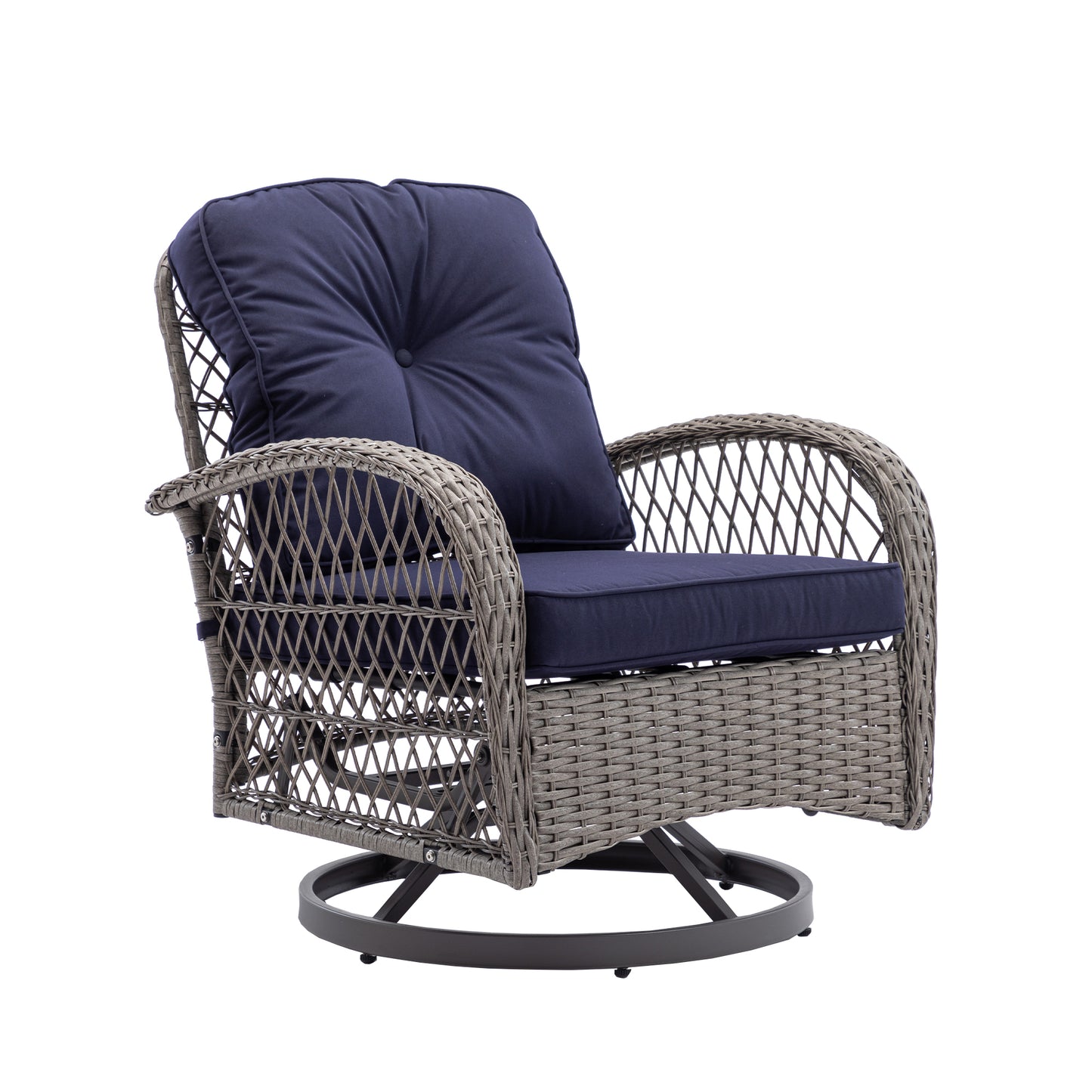 3 Pieces Outdoor Swivel Rocker Patio Chairs, 360 Degree Rocking Patio Conversation Set with Thickened Cushions and Glass Coffee Table for Backyard, Navy blue