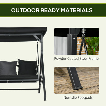 3-Seat Patio Swing Chair, Porch Swing Glider with Cushion, 3 Throw Pillows & Adjustable Canopy for Porch, Garden, Poolside, Backyard, Black