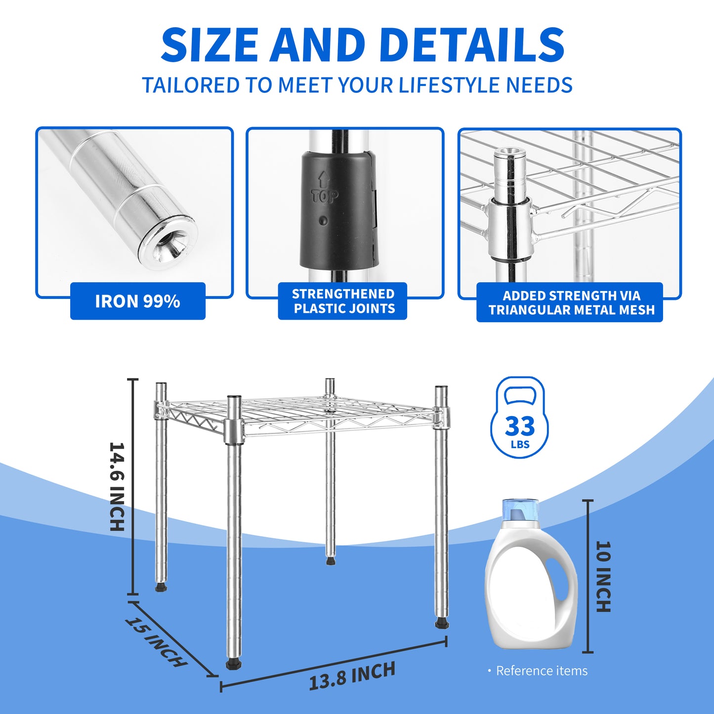 Heavy Duty Shelving Unit, Wire Metal Stackable Storage, 1-Tier Shelf, Chrome, 15" W x 13.8" D x 15" H