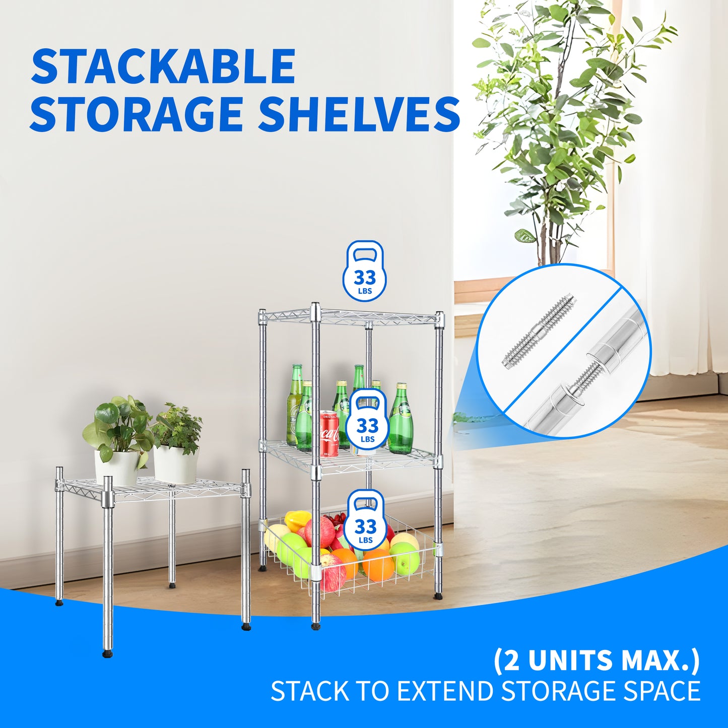 Heavy Duty Shelving Unit, Wire Metal Stackable Storage, 1-Tier Shelf, Chrome, 15" W x 13.8" D x 15" H