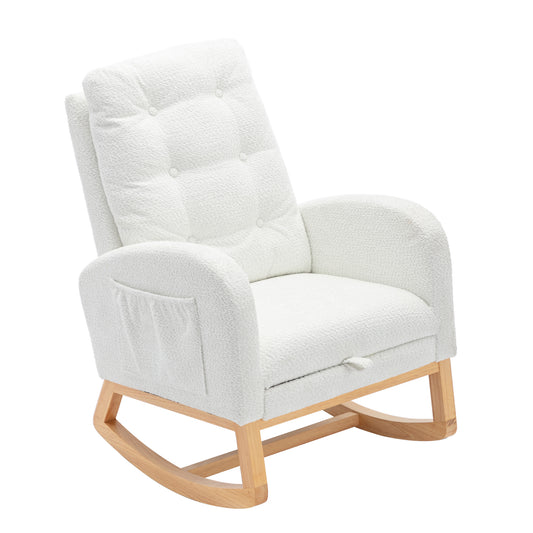 LY-5104 WHITE Accent Rocking Chair with Footrest High Back Rubber Wood Rocking Legs Bedroom Living Space 26.77D X 38.36W X 39.76H Inch