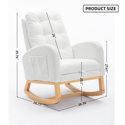 LY-5104 WHITE Accent Rocking Chair with Footrest High Back Rubber Wood Rocking Legs Bedroom Living Space 26.77D X 38.36W X 39.76H Inch