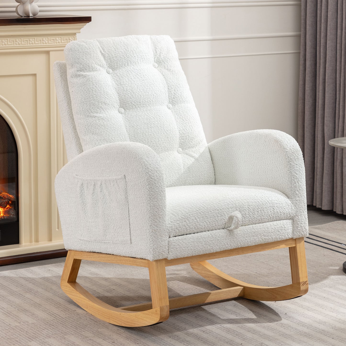 LY-5104 WHITE Accent Rocking Chair with Footrest High Back Rubber Wood Rocking Legs Bedroom Living Space 26.77D X 38.36W X 39.76H Inch