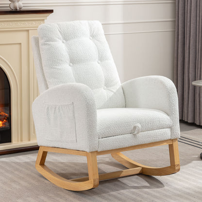 LY-5104 WHITE Accent Rocking Chair with Footrest High Back Rubber Wood Rocking Legs Bedroom Living Space 26.77D X 38.36W X 39.76H Inch