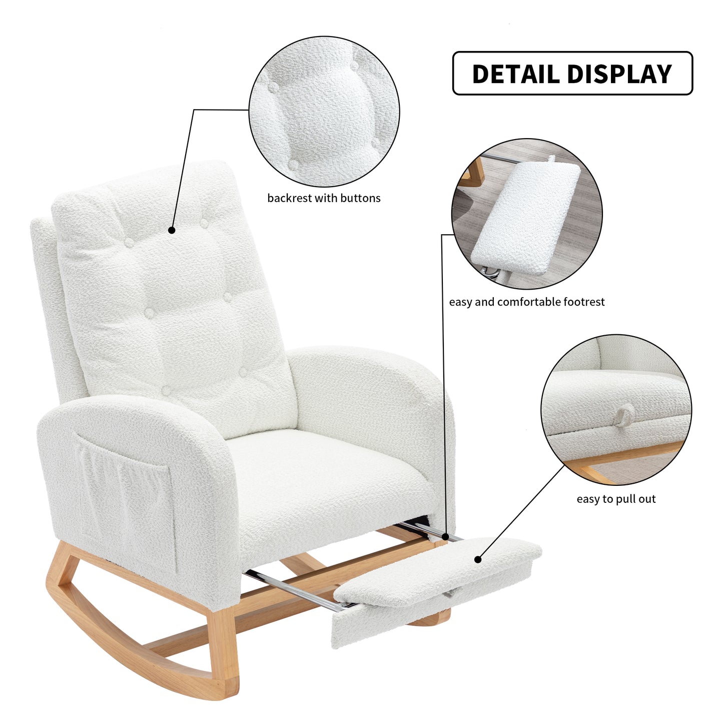 LY-5104 WHITE Accent Rocking Chair with Footrest High Back Rubber Wood Rocking Legs Bedroom Living Space 26.77D X 38.36W X 39.76H Inch