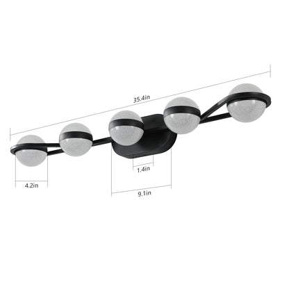 35" Modern Minimalist Bathroom Vanity Light, LED 5 Bulb Crystal Sand Acrylic Shades, Wall Mounted Decorative Lighting Fixture, Suitable for Bathroom Vanity Mirror (Black)