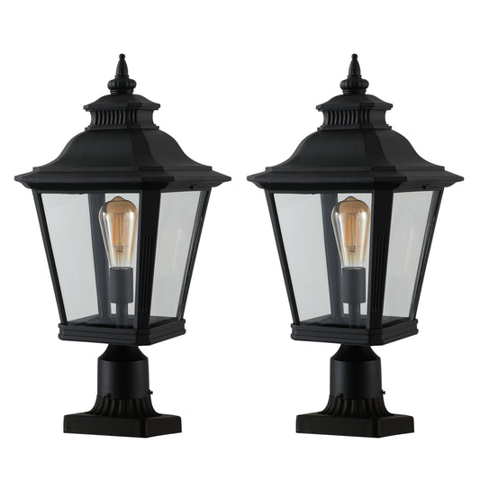 21"(H) 2-Pack Outdoor Post Lantern Light – Vintage Black Metal & Clear Glass Pillar Lamp for Garden, Gate, Driveway, and Pathway Lighting with Elegant Design (Bulb Not Included)