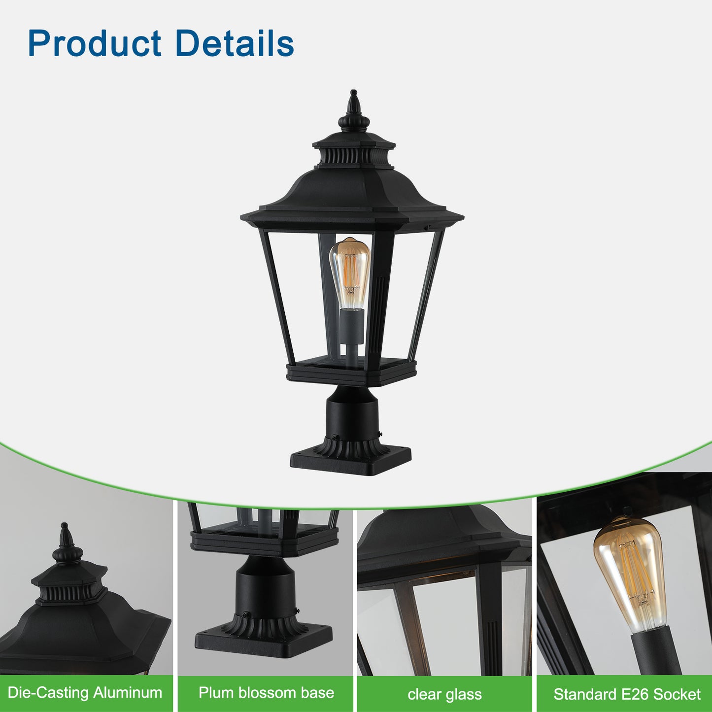 21"(H) 2-Pack Outdoor Post Lantern Light – Vintage Black Metal & Clear Glass Pillar Lamp for Garden, Gate, Driveway, and Pathway Lighting with Elegant Design (Bulb Not Included)