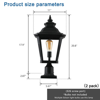 21"(H) 2-Pack Outdoor Post Lantern Light – Vintage Black Metal & Clear Glass Pillar Lamp for Garden, Gate, Driveway, and Pathway Lighting with Elegant Design (Bulb Not Included)