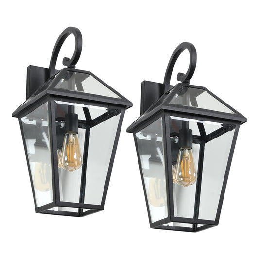 21"(H) 2-Pack Outdoor Wall Lantern Light – Modern Black Metal & Clear Glass Sconce for Porch, Patio, and Garden Lighting (Bulb Not Included)