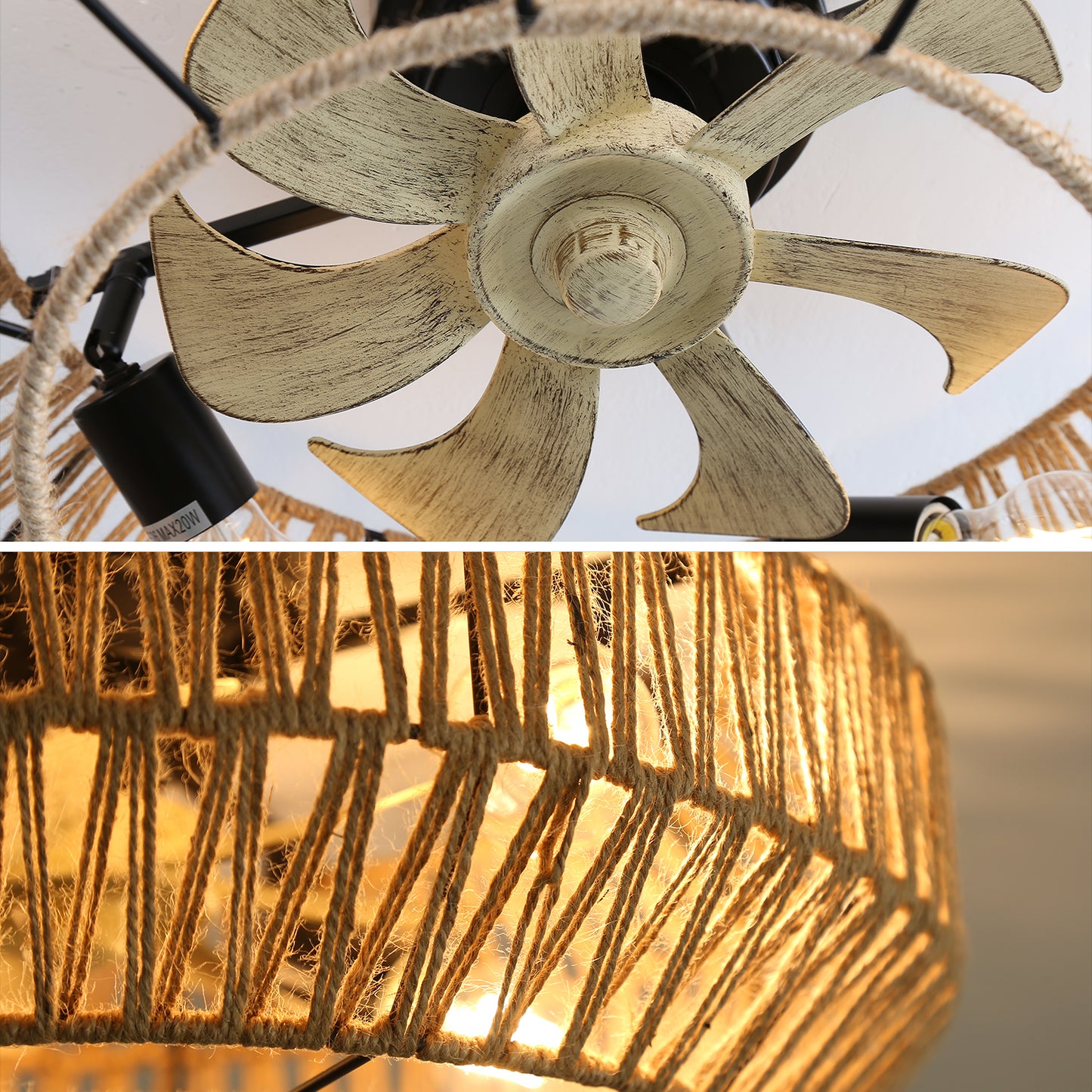 22 Inch New Boho Caged Ceiling Fan With Enclosed Rattan 6 Speeds Remote Control Reversible DC Motor For Living Room