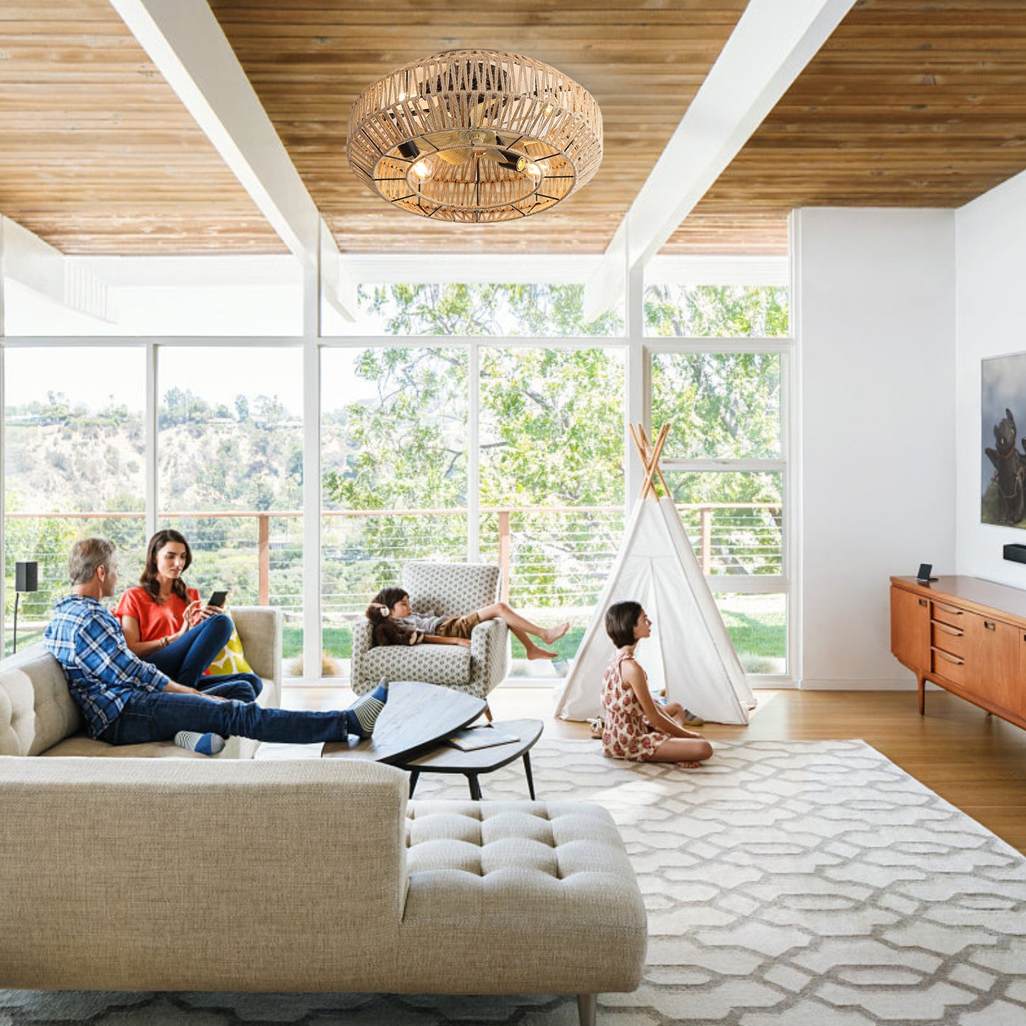 22 Inch New Boho Caged Ceiling Fan With Enclosed Rattan 6 Speeds Remote Control Reversible DC Motor For Living Room