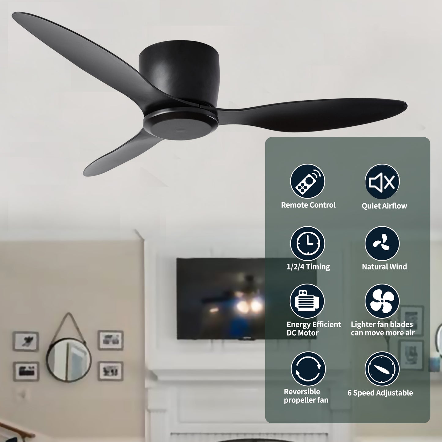 42" Flush Mount Ceiling Fan without light, 3 Reversible Blades, with 6 Speeds Reversible DC Motor,Low Profile Ceiling Fan with no light for Living Room Kitchen Bedroom