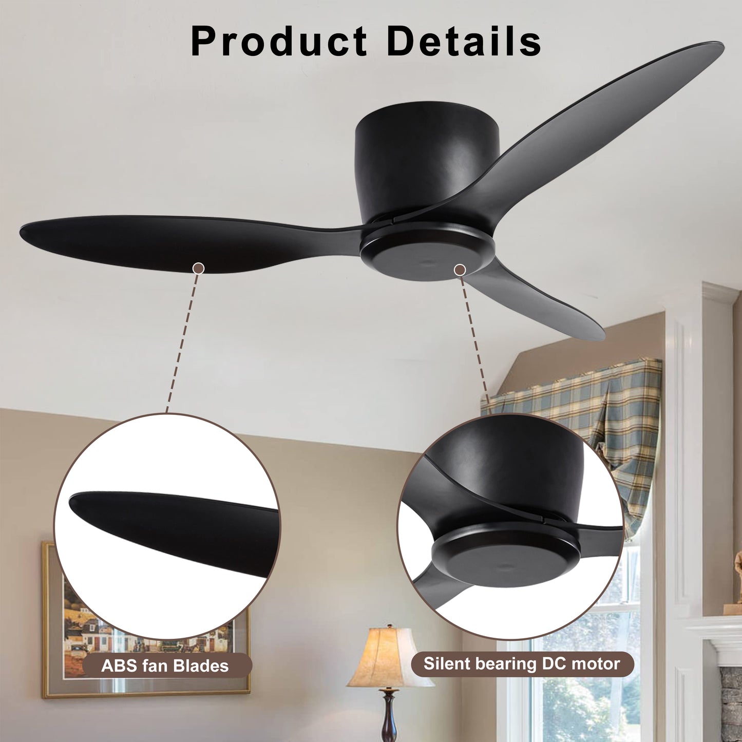42" Flush Mount Ceiling Fan without light, 3 Reversible Blades, with 6 Speeds Reversible DC Motor,Low Profile Ceiling Fan with no light for Living Room Kitchen Bedroom