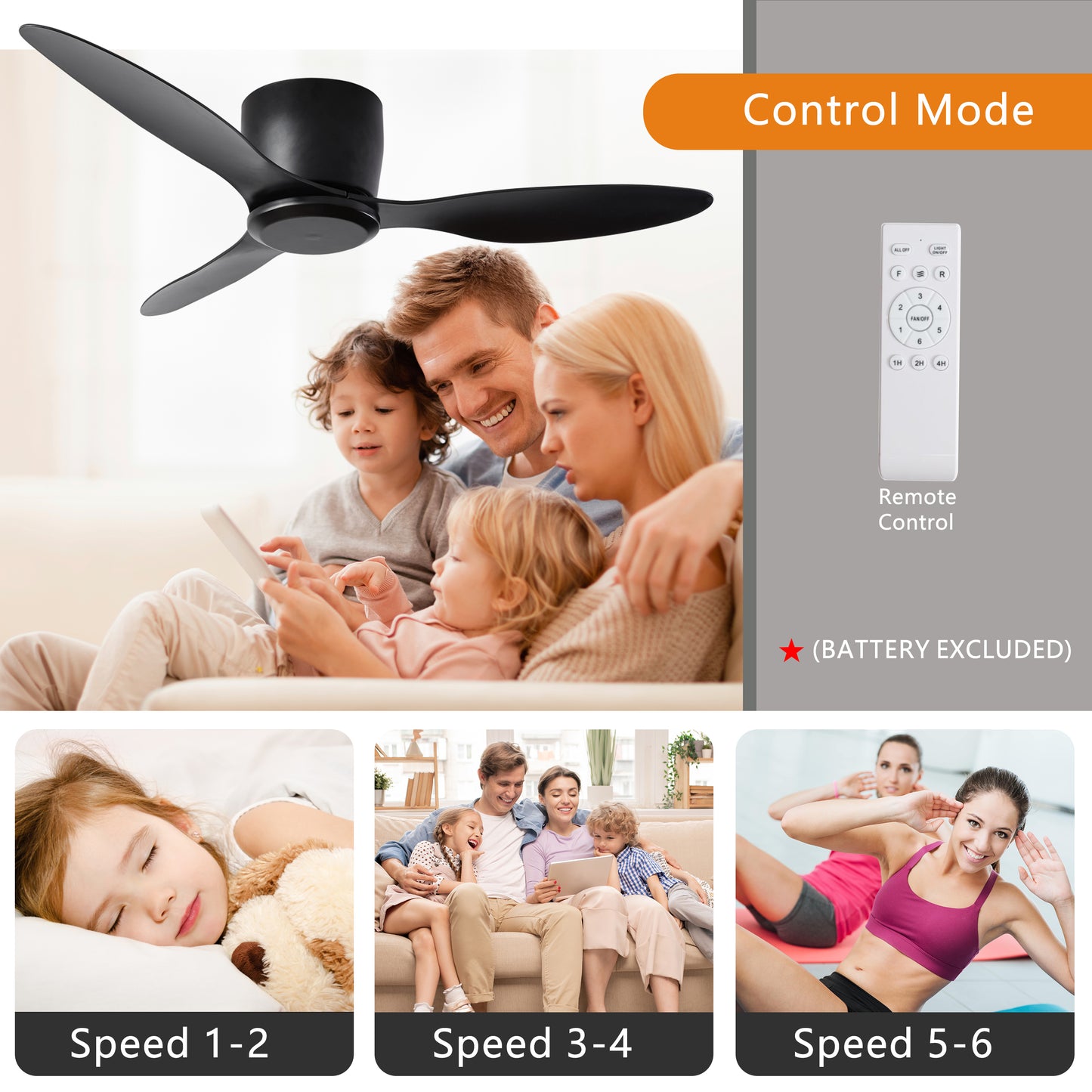 42" Flush Mount Ceiling Fan without light, 3 Reversible Blades, with 6 Speeds Reversible DC Motor,Low Profile Ceiling Fan with no light for Living Room Kitchen Bedroom