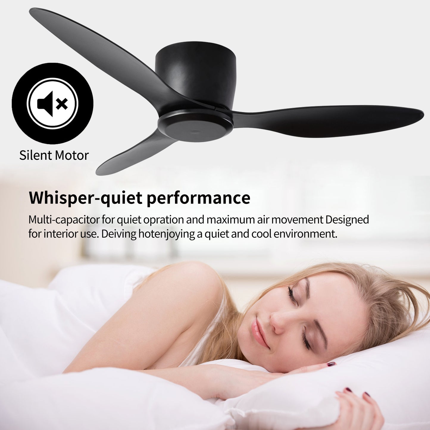 42" Flush Mount Ceiling Fan without light, 3 Reversible Blades, with 6 Speeds Reversible DC Motor,Low Profile Ceiling Fan with no light for Living Room Kitchen Bedroom