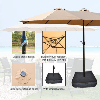 15x9ft Large Double-Sided Rectangular Outdoor Twin Patio Market Umbrella with light and base- taupe