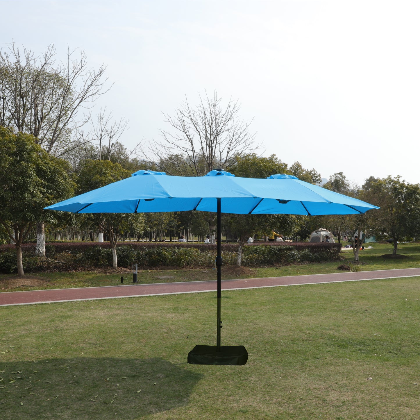 15x9ft Large Double-Sided Rectangular Outdoor Twin Patio Market Umbrella with light and base- blue