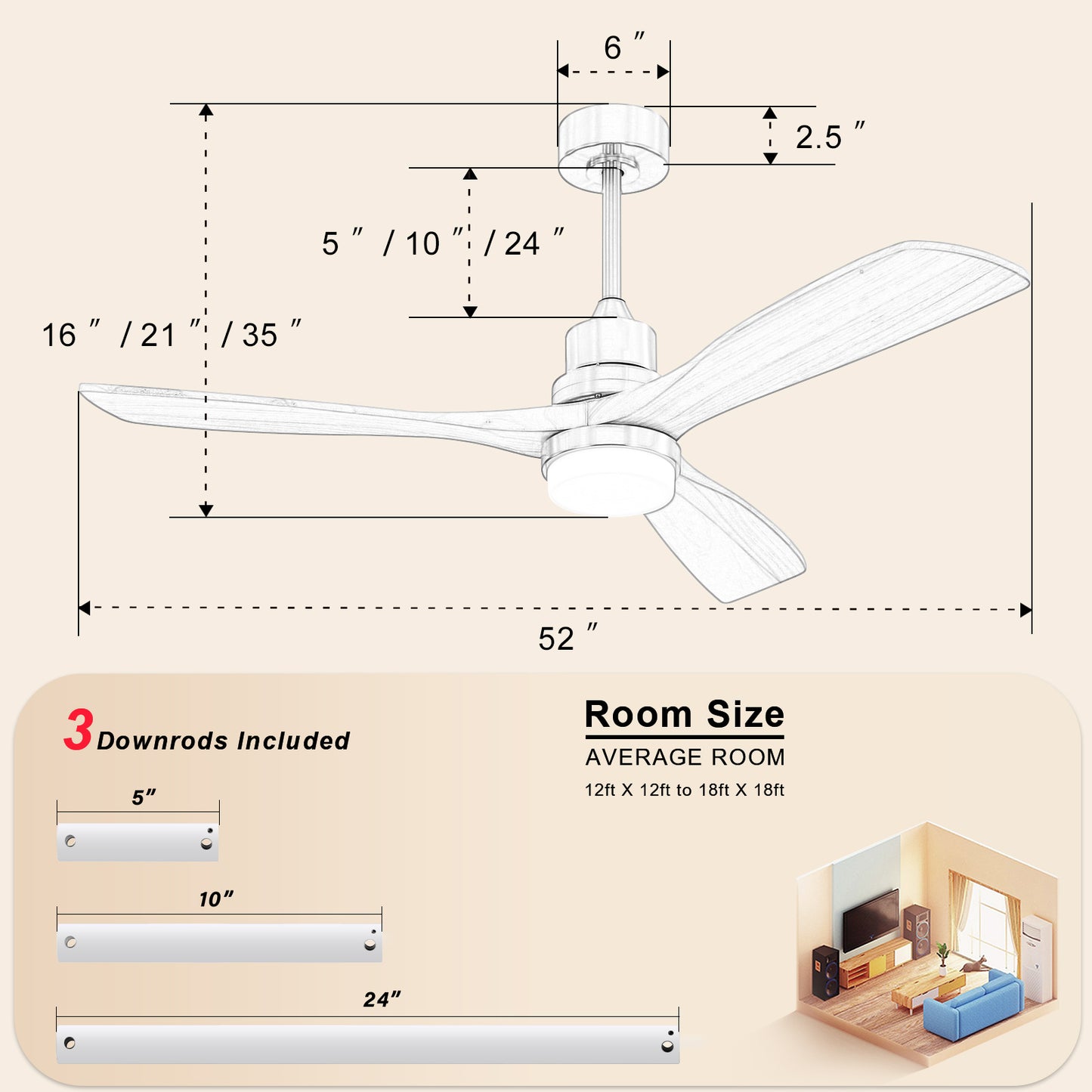 52 Inch Ceiling Fan With Dimmable Led Light 6 Speed Remote 3 Wood Blade Reversible DC Motor For Bedroom