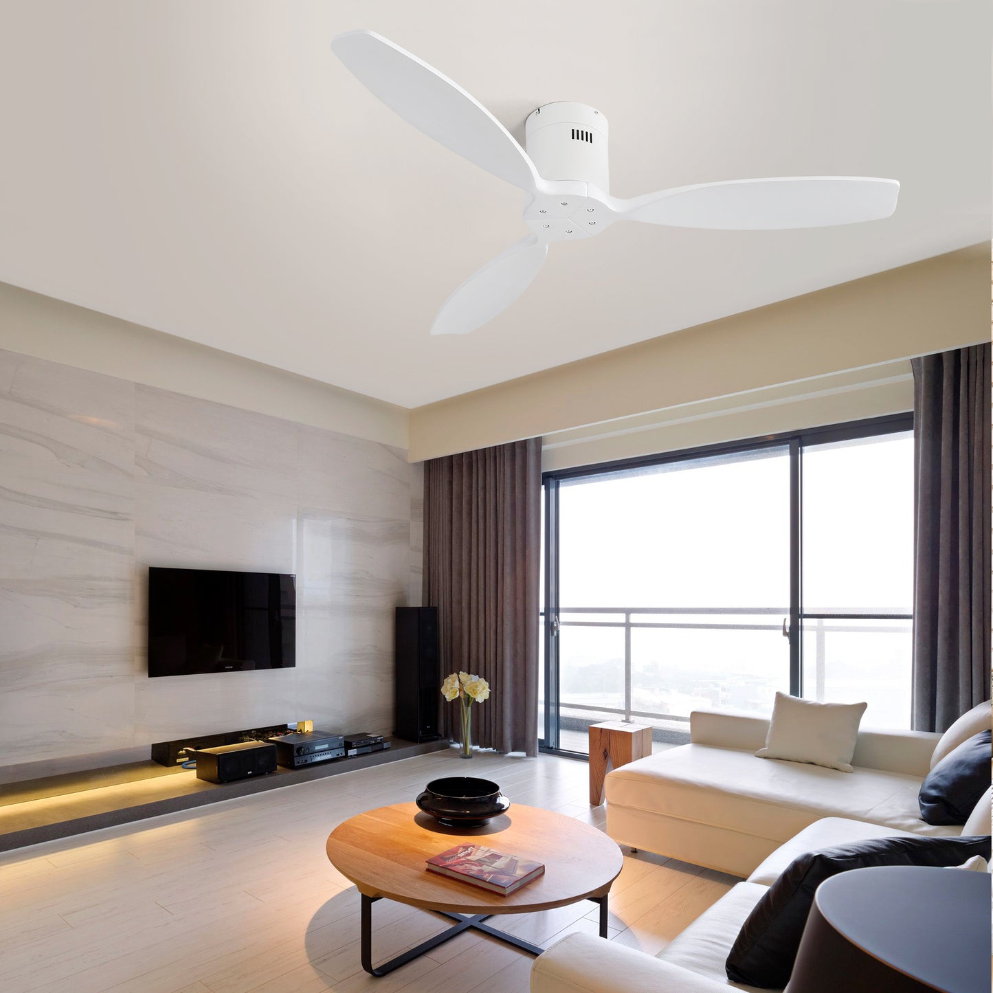 52 Inch Indoor Wooden Ceiling Fan With 3 Solid Wood Blades Remote Control Reversible DC Motor Without Light