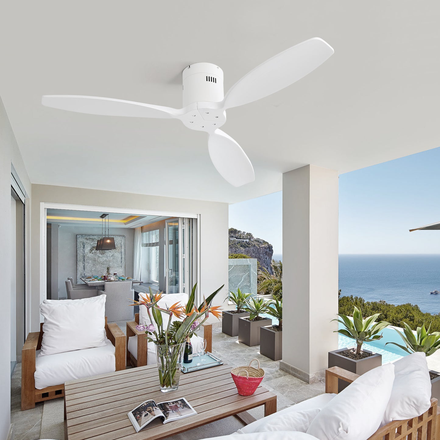 52 Inch Indoor Wooden Ceiling Fan With 3 Solid Wood Blades Remote Control Reversible DC Motor Without Light
