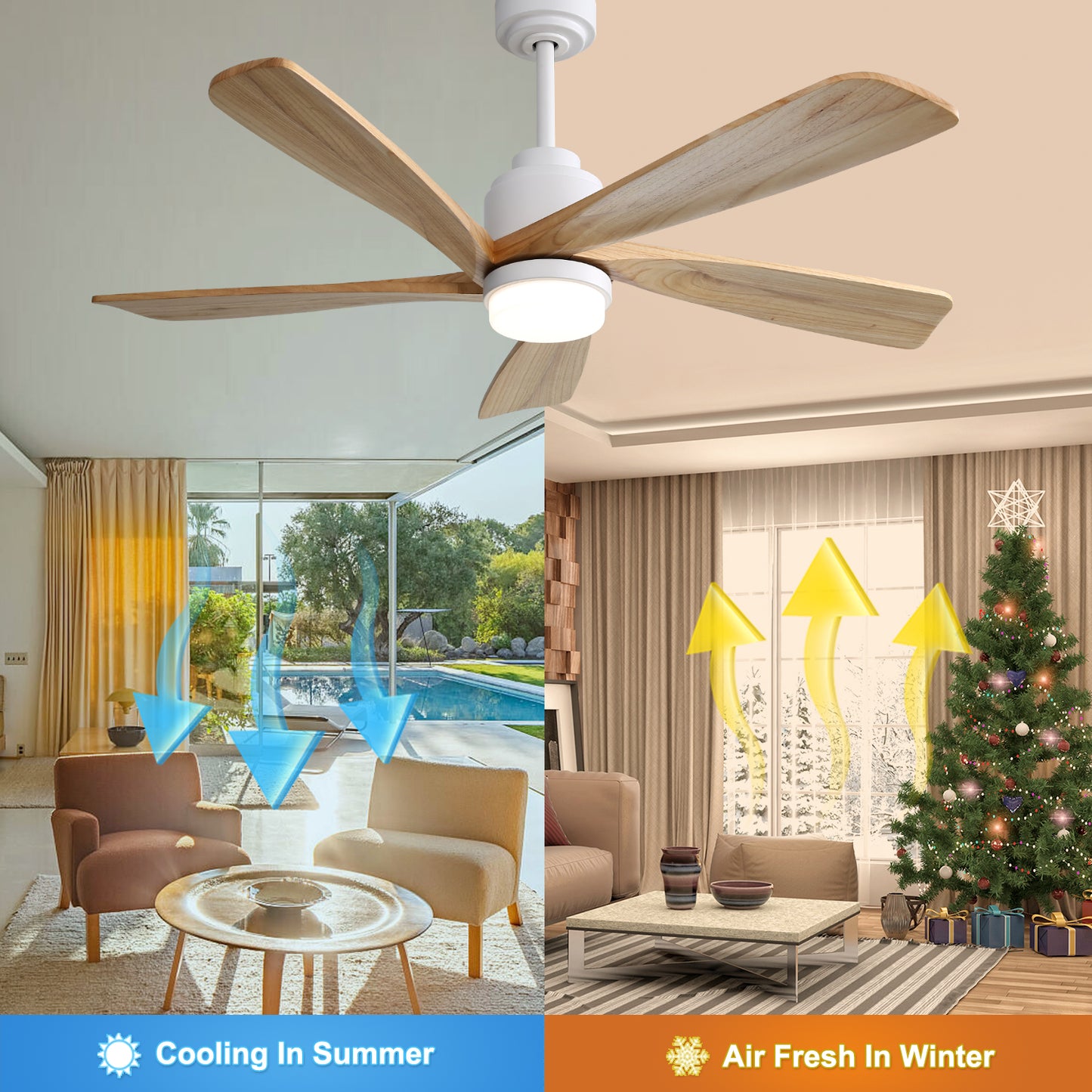 52 Inch Indoor Ceiling Fan With Dimmable LED Light 5 Solid Wood Blades Remote Control Reversible DC Motor With Smart APP Control