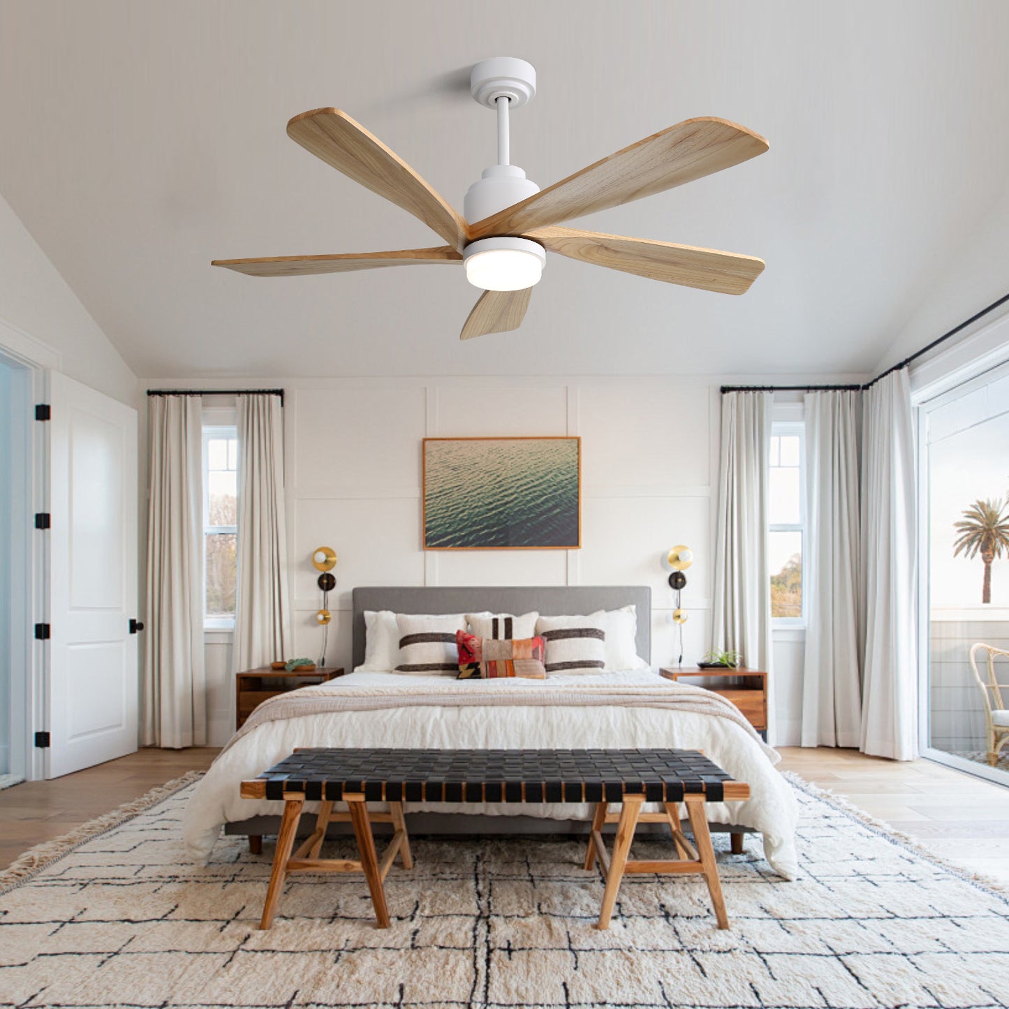 52 Inch Indoor Ceiling Fan With Dimmable LED Light 5 Solid Wood Blades Remote Control Reversible DC Motor With Smart APP Control
