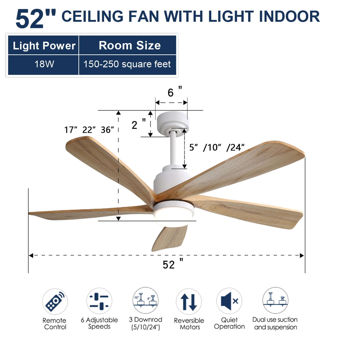 52 Inch Indoor Ceiling Fan With Dimmable LED Light 5 Solid Wood Blades Remote Control Reversible DC Motor With Smart APP Control