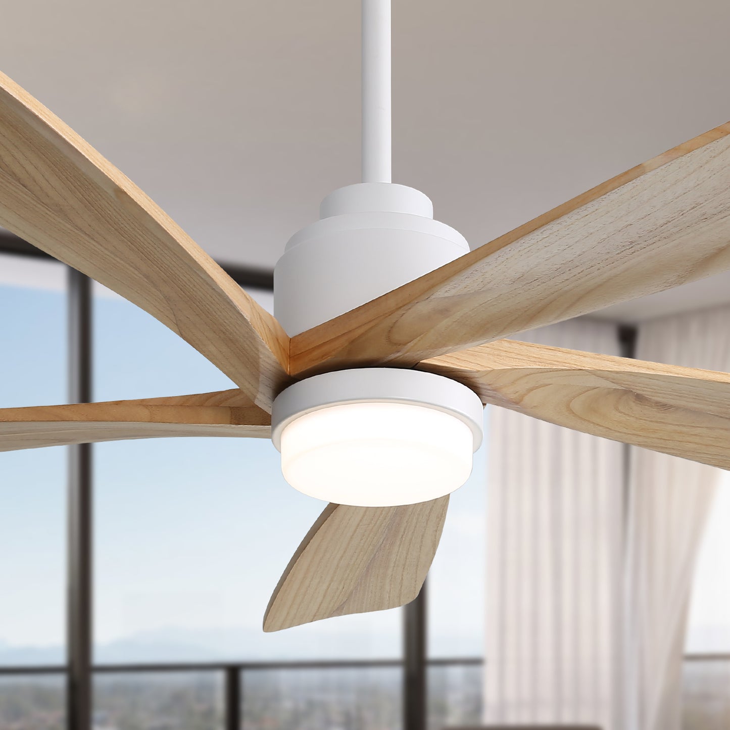 52 Inch Indoor Ceiling Fan With Dimmable LED Light 5 Solid Wood Blades Remote Control Reversible DC Motor With Smart APP Control