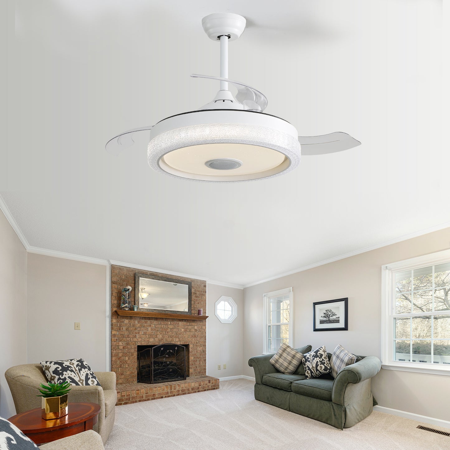 42 Inch Modern Invisible Ceiling Fan, 120V 3 ABS Blades Remote Control Reversible DC Motor With 32W Led Light