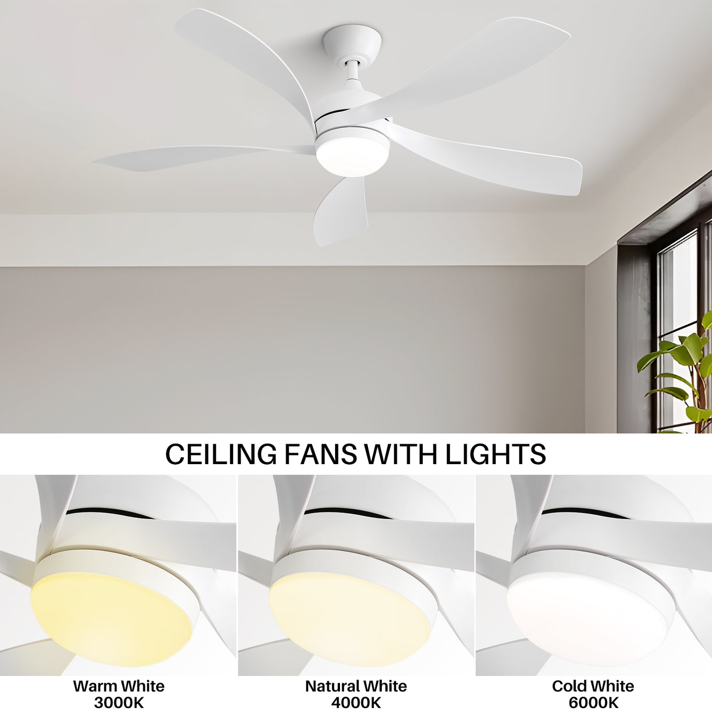 52 Inch Modern Led Ceiling Fan With 3 Color Dimmable 5 ABS Blades Remote Control Reversible DC Motor White For Bedroom