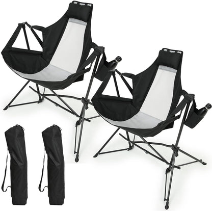 Hammock Camping Chair, Folding Portable Rocking Chair, Aluminum Alloy Adjustable Back Swinging Chair with Pillow Cup Holder, Recliner with Carry Bag for Outdoor Travel Lawn Backyard, Black (2pcs)