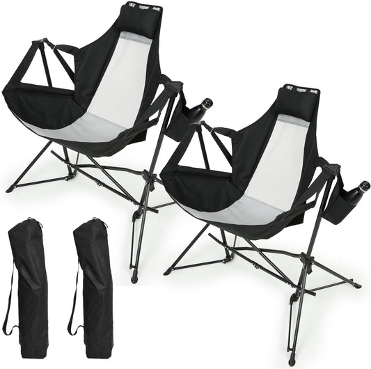 Hammock Camping Chair, Folding Portable Rocking Chair, Aluminum Alloy Adjustable Back Swinging Chair with Pillow Cup Holder, Recliner with Carry Bag for Outdoor Travel Lawn Backyard, Black (2pcs)