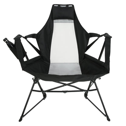Hammock Camping Chair, Folding Portable Rocking Chair, Aluminum Alloy Adjustable Back Swinging Chair with Pillow Cup Holder, Recliner with Carry Bag for Outdoor Travel Lawn Backyard, Black (2pcs)