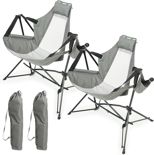 Hammock Camping Chair, Folding Portable Rocking Chair, Aluminum Alloy Adjustable Back Swinging Chair with Pillow Cup Holder, Recliner with Carry Bag for Outdoor Travel Lawn Backyard, Grey (2pcs)
