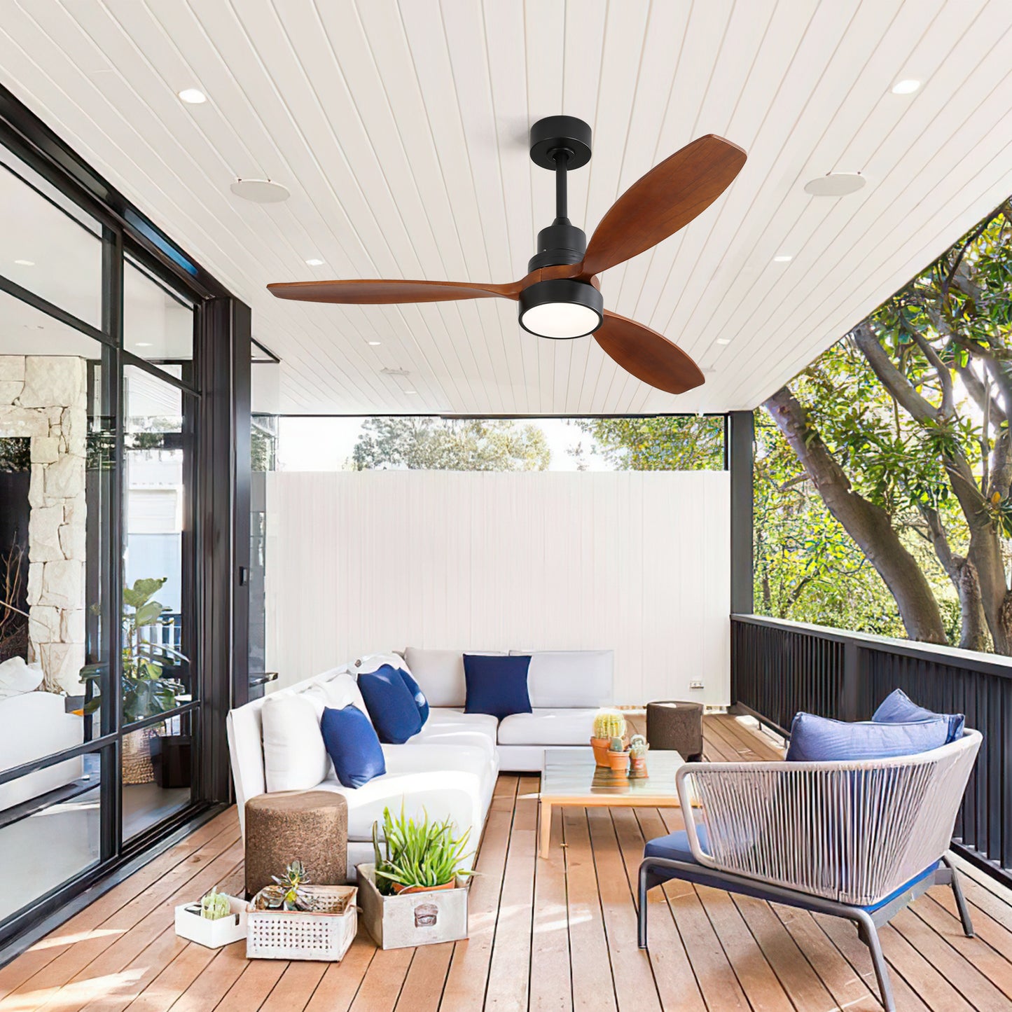 52 Inch Wooden Ceiling Fan With 3 Solid Wood Blades Remote Control Reversible DC Motor With Led Light