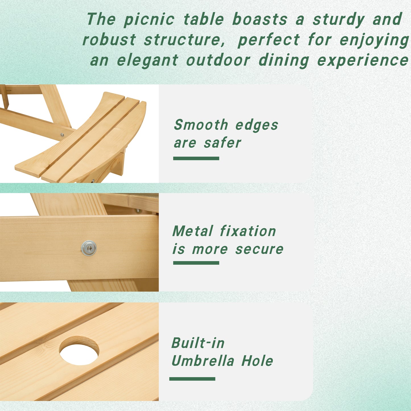 Outdoor 6 Person Picnic Table, 6 person Round Picnic Table with 3 Built-in Benches, Umbrella Hole, Outside Table and Bench Set for Garden, Backyard, Porch, Patio, Natural