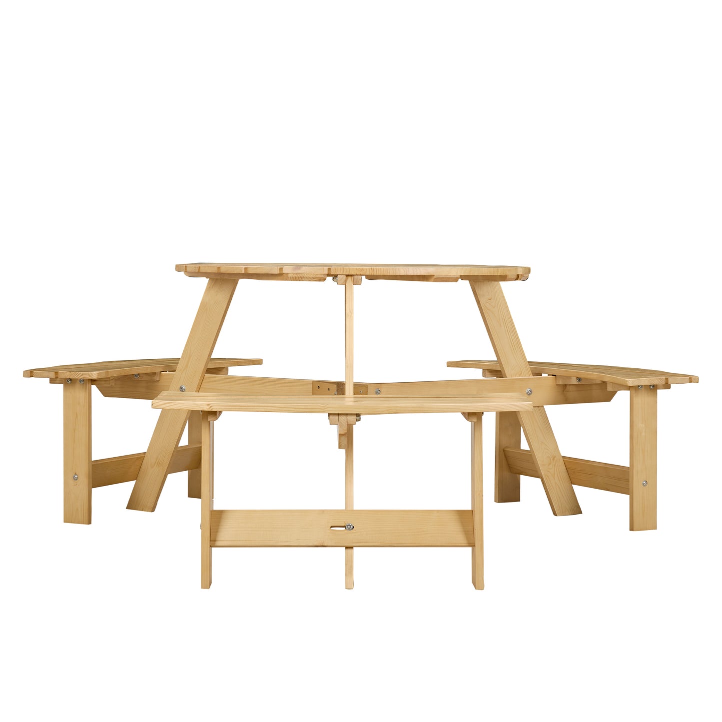 Outdoor 6 Person Picnic Table, 6 person Round Picnic Table with 3 Built-in Benches, Umbrella Hole, Outside Table and Bench Set for Garden, Backyard, Porch, Patio, Natural