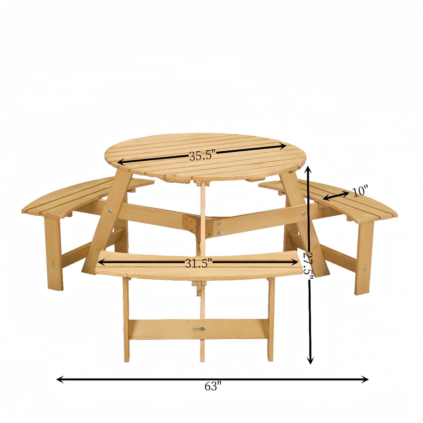 Outdoor 6 Person Picnic Table, 6 person Round Picnic Table with 3 Built-in Benches, Umbrella Hole, Outside Table and Bench Set for Garden, Backyard, Porch, Patio, Natural