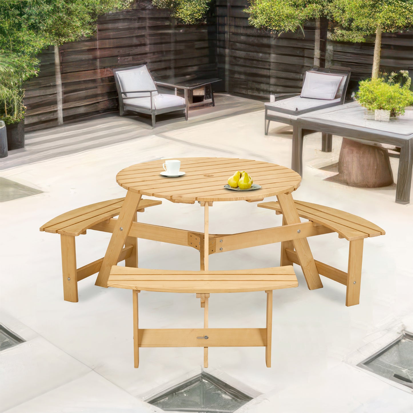 Outdoor 6 Person Picnic Table, 6 person Round Picnic Table with 3 Built-in Benches, Umbrella Hole, Outside Table and Bench Set for Garden, Backyard, Porch, Patio, Natural